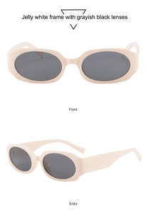 Detail of jelly white polygon sunglasses with smoke gray lenses and vintage narrow frames