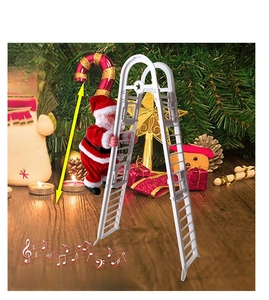 Electric climbing Santa Claus toy on white ladder with festive Christmas tree background