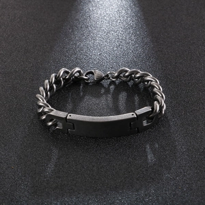Men's gunmetal stainless steel flat ID link bracelet with industrial curb chain style
