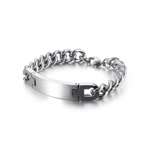 Men's minimalist stainless steel Cuban chain bracelet with rectangular ID bar plate