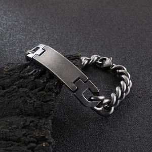 Vintage men's titanium steel cuban chain bracelet with blank metal plate on black stone