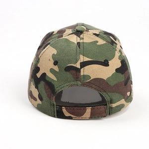 Detail view of woodland camo baseball cap with adjustable hook and loop strap closure