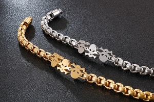 Detail of punk skull link bracelets in gold and silver stainless steel finish