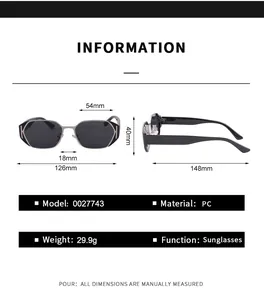 Detailed size chart for retro black full-frame sunglasses showing frame and lens dimensions