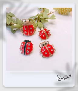 Detail of colorful enamel ladybug brooches with rhinestones on green leaves