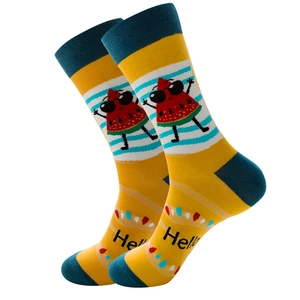 Yellow crew socks with cartoon watermelon pattern and blue stripes in a summer style