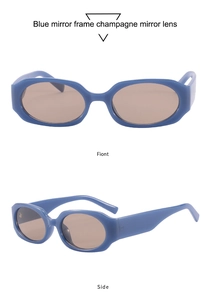 Detail view showing blue polygon frames and champagne lenses of retro sunglasses