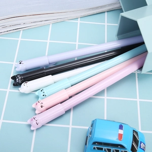 Cute cat-themed gel pens in assorted pastel colors displayed in a stylish pencil holder