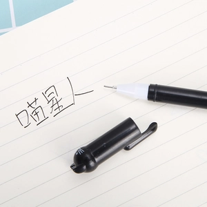 Cute cat-ear cap black gel pen with needle tip on notebook paper, creative stationery