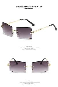 Detail view of gold metal hinges and gradient grey diamond cut lenses on rimless sunglasses