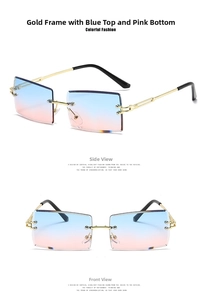 Detail of rimless square sunglasses with blue-pink gradient lenses and gold temples