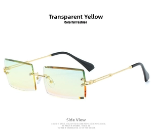 Detail of square rimless sunglasses with gradient lenses and gold metal temples
