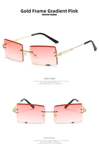 Detail view of rimless square sunglasses featuring gold temples and pink gradient lenses