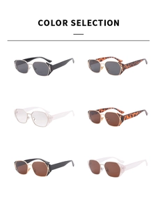 Detailed catalog of luxury full frame sunglasses in six colors with polygonal frames