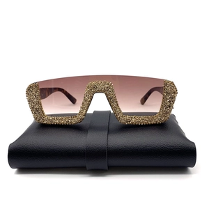 Luxury oversized rhinestone sunglasses with brown gradient lenses and leather case