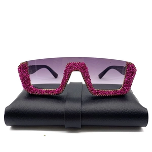 Trendy semi-rimless oversized sunglasses with rose pink rhinestones and gradient purple lens