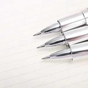 Three creative silver lipstick gel pens shown on a notebook with fine needle point tip
