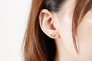 Close-up of a model wearing a minimalist golden dragonfly stud earring on earlobe