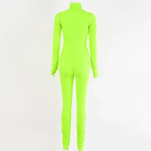 Rear view of neon green long sleeve ribbed knit bodysuit with slim fit design