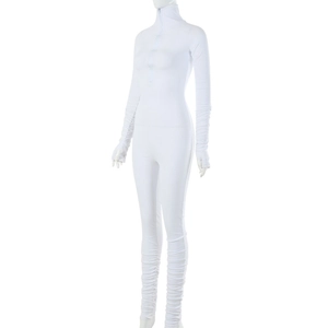 Detail showing the zipper high neck and ruched sleeves of the white bodycon jumpsuit