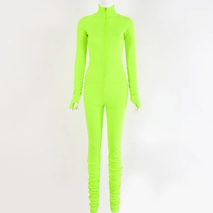 Detail of neon green ribbed bodysuit featuring a front zipper and long sleeve fit