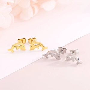 Minimalist dolphin stud earrings set in gold and silver finish with hollow design