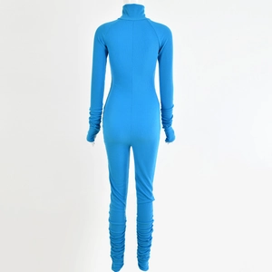 Detailed back view of blue ribbed knit long sleeve jumpsuit with gathered cuffs and neck