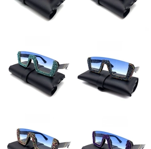 Detail of four half-frame sunglasses with blue gradient lenses and colorful rhinestones