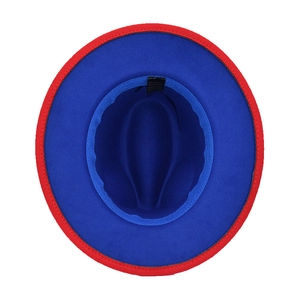 Overhead view of two-tone blue and red flat brim wool fedora hat with contrast design