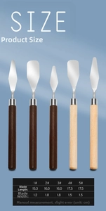 Detailed dimension chart for stainless steel palette knives with wooden handles