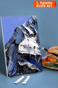 Detailed macro view showing a stainless steel palette knife layering paint on a canvas