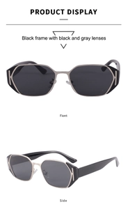 Front and side views of stylish black geometric full-frame sunglasses with silver metal trim