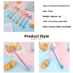 Detailed view of vintage key shaped gel pens in assorted metallic finishes with 15cm scale