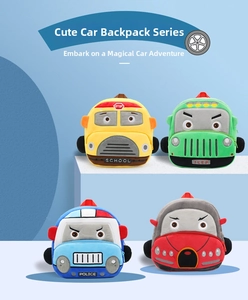 Detail view of plush cartoon car backpacks in yellow, green, blue, and red for kids
