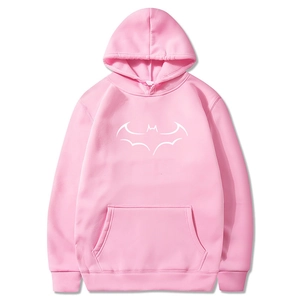 Close-up of pink fleece hoodie with white bat print and functional kangaroo pocket