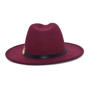 Elegant wine red wool fedora hat with black leather band and gold accent for men and women