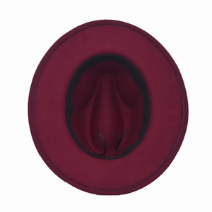 Classic burgundy fedora hat with felt texture and adjustable inner sweatband, top view
