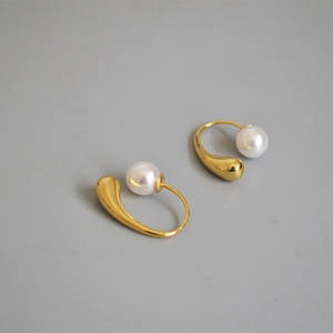Elegant gold plated brass teardrop earrings with lustrous white pearls in a U-shape