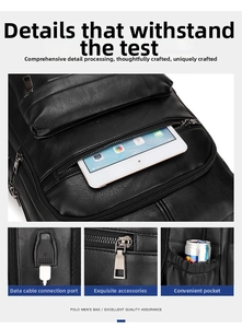 Detail of black leather backpack with USB charging port and side elastic pocket
