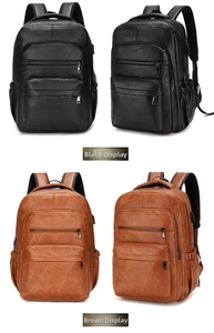 Detail view of large PU leather backpack showing black and brown color options with multiple pockets