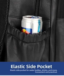 Detail view of the elastic side pocket on a retro black PU leather backpack for bottles