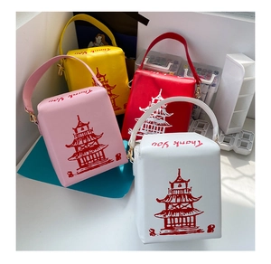 Chinese takeout box style PU crossbody bags in four colors with pagoda print and Thank You text