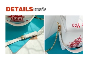 Detail showing the adjustable leather strap and golden chain link on the white crossbody bag