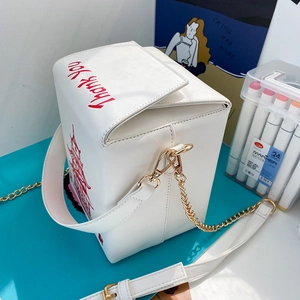 Creative takeout box crossbody bag with red pagoda print and dual chain strap