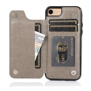 Detail view of khaki leather phone case featuring 3 card slots and a clear ID window