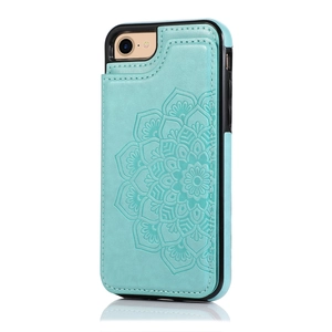 Detailed view of teal leather phone case with embossed mandala pattern and card slots