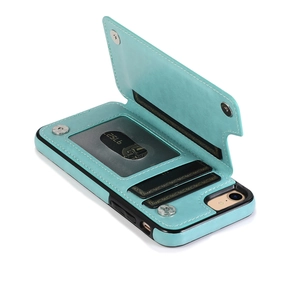 Detailed interior of mandala embossed lake blue leather flip case with built-in card slots