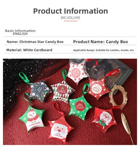 Star-shaped Christmas gift boxes with festive patterns and ribbon handles on red fabric
