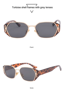 Detail of tortoise shell sunglasses with grey lenses and gold metal accents