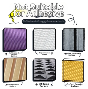 Detailed guide showing unsuitable surfaces like leather and canvas for waterproof stickers